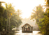 Houseboat in the backwaters at sunset near Alleppey, Alappuzha, Kerala, India