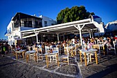 Restaurant terrace in Mykonos, Greek Islands, Greece