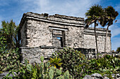 The House of the Cenote in the ruins of the Mayan city of Tulum on the coast of the Caribbean Sea. Tulum National Park, Quintana Roo, Mexico. It is built over a cave or cenote which holds water.