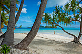 Strand der Insel Motu Tevairoa, einem kleinen Eiland in der Lagune von Bora Bora, Gesellschaftsinseln, Französisch-Polynesien, Südpazifik.