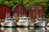 Fischerboote und Lagergebäude von Fischern im Hafen von Malpeque, Prince Edward Island, Kanada.