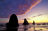 Sea stacks at sunset, Bandon Beach, Oregon coast.