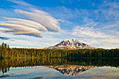 Mount Adams from Takhlakh Lake, with lenticular clouds in sky; Gifford Pinchot National Forest, Washington.