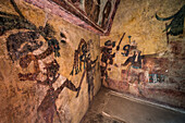 Eine Wandmalerei, die Feierlichkeiten und Rituale in Raum 3 des Tempels der Wandmalereien in den Ruinen der Maya-Stadt Bonampak in Chiapas, Mexiko, zeigt.