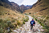 Hiking down from Dead Womans Pass 5,200m summit, Inca Trail Trek day 2, Cusco Region, Peru
