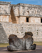 The Throne of the Jaguar in front of the Palace of the Governor in the ruins of the Mayan city of Uxmal in Yucatan, Mexico. Pre-Hispanic Town of Uxmal - a UNESCO World Heritage Center.