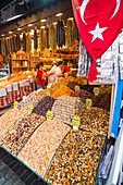 Dried fruit and nuts for sale at The Grand Bazaar, the largest market in Istanbul, Turkey
