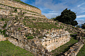 Ruins of the Jewelled Platform in the pre-Columbian Zapotec ruins of Monte Alban in Oaxaca, Mexico. A UNESCO World Heritage Site.