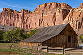 Historic Pendleton barn in the small pioneer farming community of Fruita, now in Capitol Reef National Park, Utah. The barn is over 100 years old.