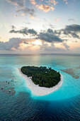 Aerial panoramic view of idyllic tropical atoll at dawn, Mnemba Island, Zanzibar, Tanzania, East Africa, Africa
