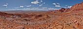 Panorama view from above Sand Hill Spring at Vermilion Cliffs National Monument, with snow covered land in the distance of the Kaibab Plateau, location of the Grand Canyon, Arizona, United States of America, North America