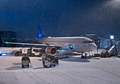 SAS Scandinavian Airlines System Airbus A320 NEO in heavy snow at Tromso Airport, Tromso, Norway, Scandinavia, Europe