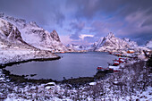 Das Fischerdorf Reine in der Morgendämmerung im Winter, Gemeinde Moskenes, Landkreis Nordland, Lofoten, Norwegen, Skandinavien, Europa
