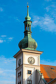 Detail des Rathausturms, Marktplatz (TG Masaryk-Platz), Loket, Tschechische Republik (Tschechien), Europa