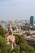 High-rise buildings of Santiago city center seen from top of Santa Lucia Hill, Santiago Metropolitan Region, Chile, South America