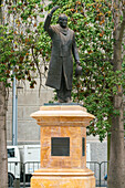 Statue of Chilean president Jorge Alessandri Rodriguez at Plaza de la Constitucion in front of La Moneda palace, Santiago, Santiago Metropolitan Region, Chile, South America