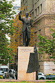 Statue of Chilean president Eduardo Frei Montalva at Plaza de la Constitucion in front of La Moneda palace, Santiago, Santiago Metropolitan Region, Chile, South America