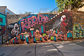 Painted mural at Pasaje Atahualpa, Cerro Carcel, Valparaiso, Valparaiso Province, Valparaiso Region, Chile, South America