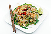 The classic Thai dish Pad Thai, consisting of fried noodles with shrimps, bean sprouts, fried tofu, crushed peanuts and spring onion, France, Europe