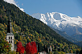 French Alps in autumn, Baroque church, Saint-Gervais, Haute Savoie, Auvergne-Rhone-Alpes, France, Europe