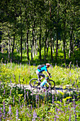 Mother And Daughter Cycling On Trail Among Field And Forest