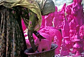 Rajasthani Woman Dying Clay Statues Before Painting Details