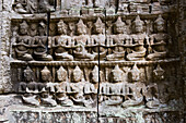 Schnitzereien an der Wand von Ta Prohm, Angkor, Siem Reap, Kambodscha