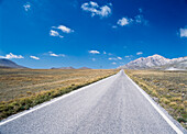 Gerade, leere Straße durch den Campo Imperatore, Parco Nazionale Del Gran Sasso, Abruzzen, Italien.