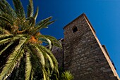 Der Turm der Alcazaba, Blickwinkel niedrig, Malaga, Andalusien, Spanien