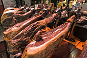 Spanish Ham In A Delicatessen Shop In Madrid's Downtown; Madrid, Spain