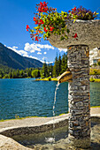 Nahaufnahme eines Steinbrunnens mit Blumentöpfen am Champex-See und einer Bergkette im Hintergrund; Champex, Wallis, Schweiz