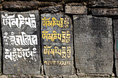 Tibetische Schrift auf Felsen im nepalesischen Himalaya; Nepal