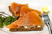 Slices of geothermal bread with smoked trout, Laugarvatn Fontana Cafe and Spa, Lake Laugarvatn; Iceland