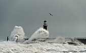Roker Lighthouse and waves from the River Ware crashing onto the pier; Sunderland, Tyne and Wear, England