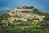 Weinberge rund um die auf einem Hügel gelegene mittelalterliche Stadt Motovun; Motovun, Istrien, Kroatien