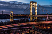 George Washington Bridge at twilight, lit specialty for Martin Luther King Jr. Day (MLK Day); New York City, New York, USA