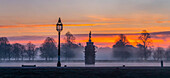 Bushey Park on a misty morning during a dramatic sunrise; London, England
