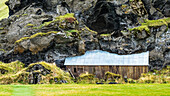 Barn and shed built into a rocky mountainside, now overgrown with grass; Rangarping eystra, Southern Region, Iceland