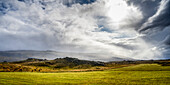 Green field and sunlight filtering through the clouds in Eastern Iceland; Fljotsdalsherao, Eastern Region, Iceland