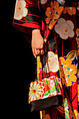Details einer japanischen Frauenhandtasche und eines Geisha-Kleides in einem Tempel; Tokio, Japan.