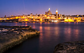 Twliight view of Valletta, the Maltese capital; Valletta, Valletta, Malta