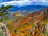 Fall colour on radiant display from the mountaintops in Daedunsan Provinicial Park, South Korea, a popular autumn destination for hikers; Jeonbuk, Republic of Korea