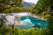 Reisende stehen am türkisfarbenen Wasser der Blue Pools of Makarora; Mt Aspiring National Park, Neuseeland