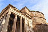 Close-up of the ancient Pantheon (previously a Roman Temple now a Roman Catholic Church) with Corinthian columns supporting the portico and attached to the rotunda in the Old City Center; Rome, Lazio, Italy