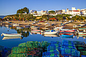 Kleine Motorboote, die am Strand vertäut sind, mit bunten Fischreusen, die sich am Ufer stapeln, mit weiß getünchten Gebäuden im Hintergrund; Elvas, Bezirk Portalegre, Region Alentejo, Portugal.