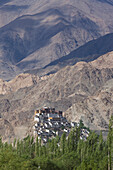 Kloster Thikse auf einem Hügel über dem Indus-Tal, das durch das Himalaya-Gebirge der tibetischen Hochebene in Ladakh, Jammu und Kaschmir verläuft; Thiksey, Ladakh, Indien.