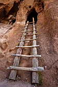 A wooden ladder in the Pueblo Ruins leads to a cave dwelling of the Ancestral Puebloans; Bandelier National Monument, New Mexico, United States of America