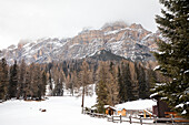 Winterszene mit Holzschuppen und Zaun am Fuße des Sass de Stria in den Dolomiten im Schnee; Provinz Belluno, Venetien, Italien.