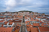 Overview of the Old Town of Portugal's capital city of Lisbon with its pastel colored buildings and clay tiled rooftops and St George's Castle (Castelo de Sao Jorge) on the hilltop in the background; Lisbon, Portugal