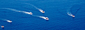 Tourist boats on Blue Whale watching trip seen from the air off the West Coast of Sri Lanka; Mirissa, Southern Province, Sri Lanka